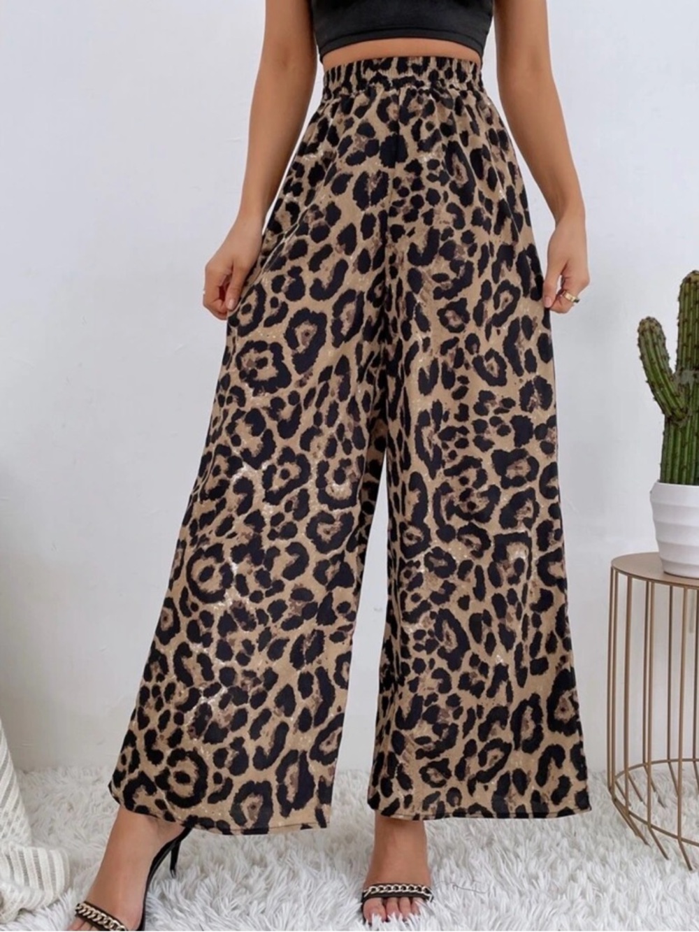 High waist leopard print palazzo wide leg pants - Picture 3 of 5